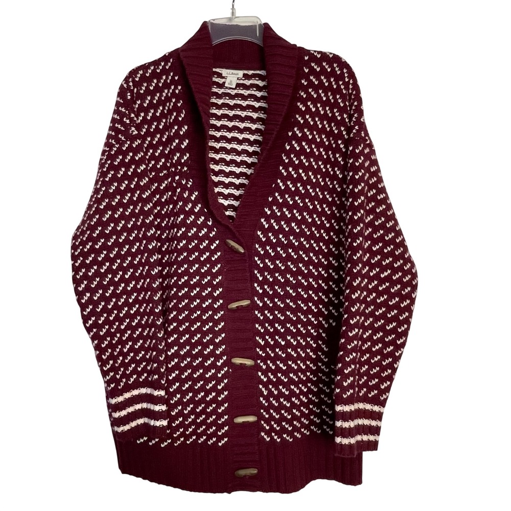 L.L.Bean Lambswool Cardigan Sweater XL Burgundy Fair Isle Shawl Collar